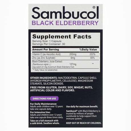 Sambucol, Black Elderberry Capsules, Advanced Immune + Vitamin C + Zinc, 30 Capsules - Supply Center USA