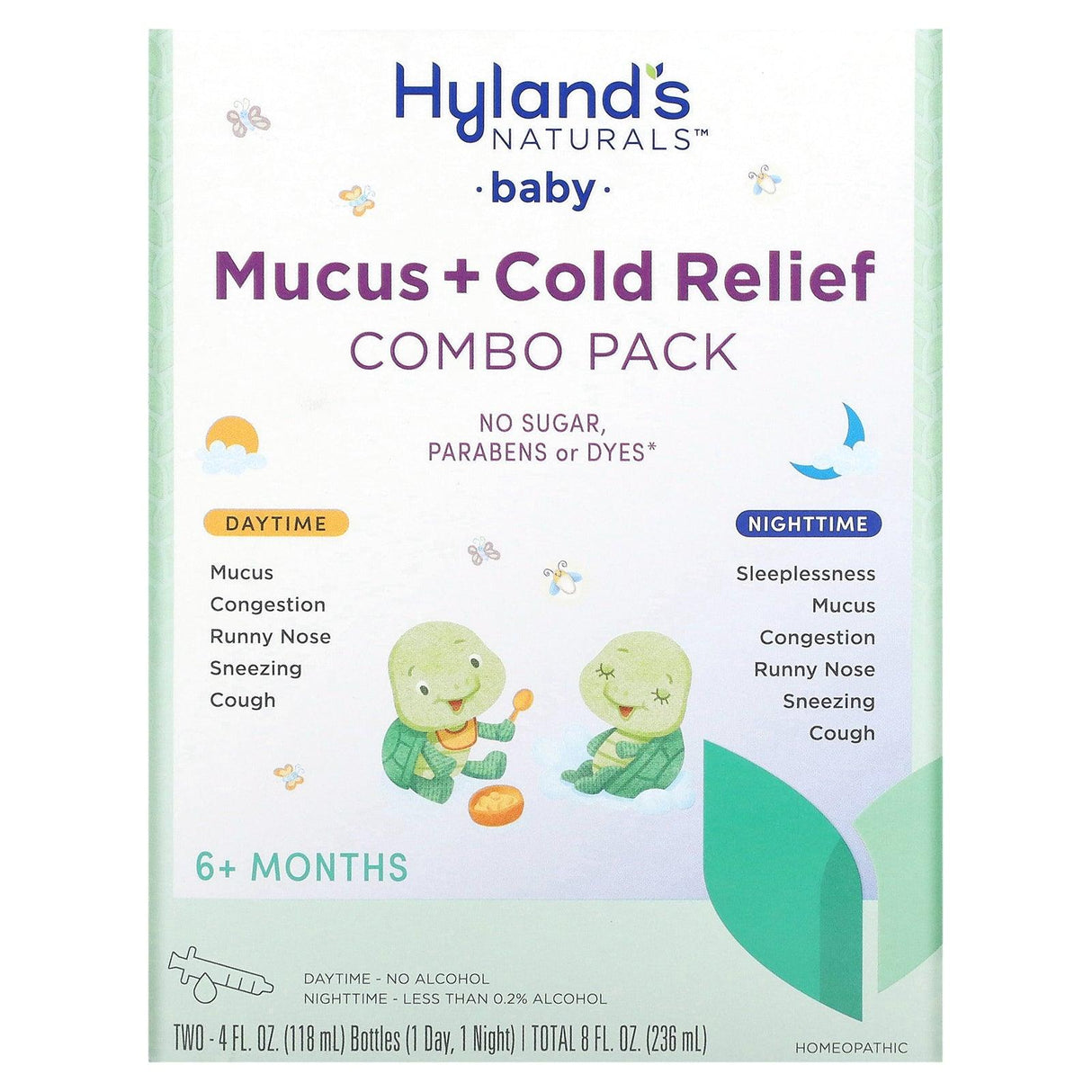 Hyland's Naturals, Baby, Mucus + Cold Relief Combo Pack, Daytime/Nighttime, 6+ Months, 2 Bottles, 4 fl oz (118 ml) Each - Supply Center USA