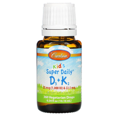 Carlson, Kid's, Super Daily D3+K2, 25 mcg (1,000 IU) & 22.5 mcg, 0.34 fl oz (10.16 ml) - Supply Center USA