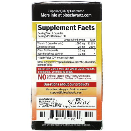 BioSchwartz, Advanced Formula Vitamin C Complex with Zinc, Bioflavonoids & Rose Hips, 120 Capsules - Supply Center USA