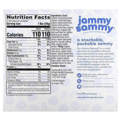 Plum Organics, Jammy Sammy, Snack Size Sandwich Bar, 15 Months & Up, Blueberry & Oatmeal, 5 Bars, 1.02 oz (29 g) Each - Supply Center USA