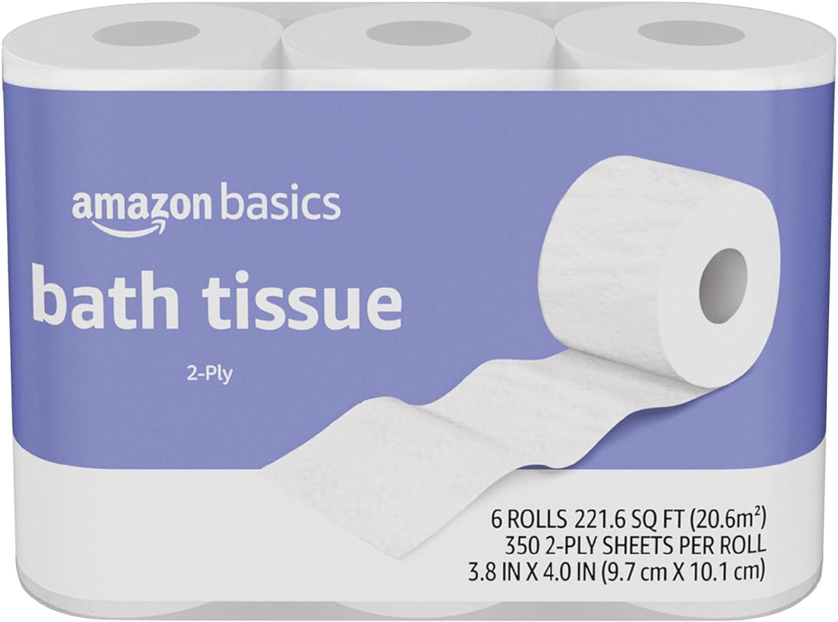 Amazon Basics 2-Ply Toilet Paper, 30 Rolls = 120 Regular Rolls, 350 Sheets, (Pack of 30), Unscented
