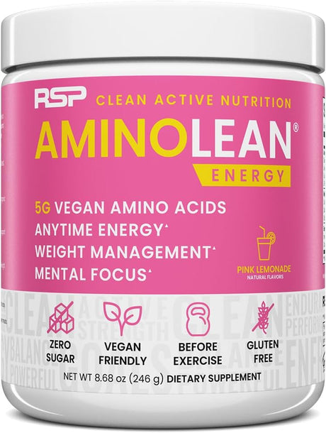 RSP NUTRITION Aminolean Pre Workout Powder, Amino Energy & Weight Management with Vegan BCAA Amino Acids, Natural Caffeine, Preworkout Boost for Men & Women, 30 Serv, Pink Lemonade…