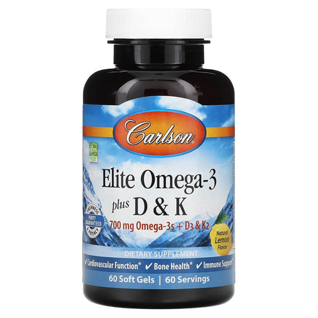 Carlson, Elite Omega-3 Plus D & K, Natural Lemon Flavor, 60 Soft Gels - Supply Center USA