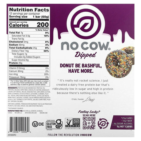 No Cow, Dipped Protein Bar, Chocolate Sprinkled Donut, 12 Bars, 2.12 oz (60 g) Each - Supply Center USA