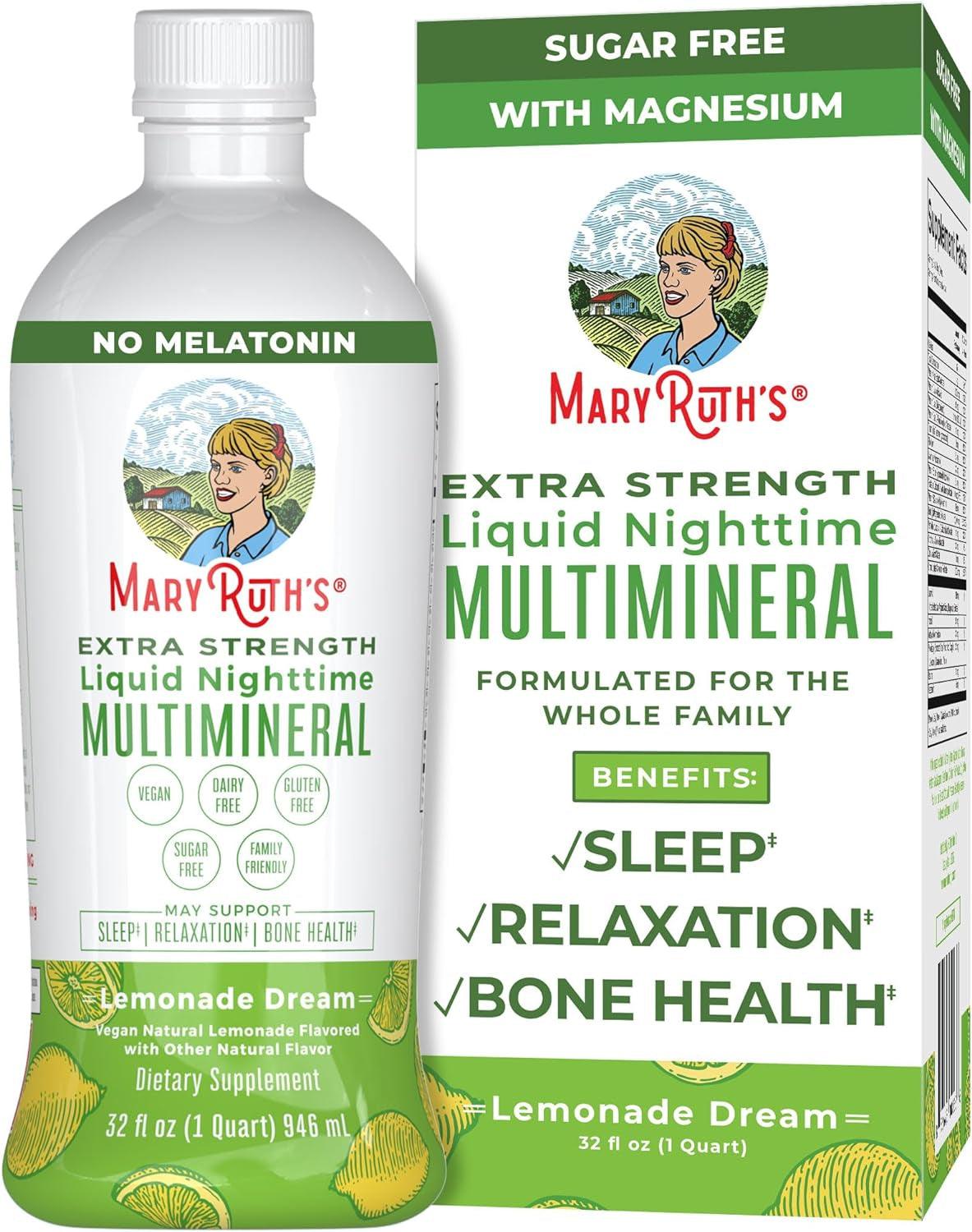 Maryruth Organics Nighttime Liquid Multimineral Sleep Supplement, Sugar Free, Calm Magnesium Citrate Sleep, NO Melatonin, Calcium Magnesium Zinc, 4 Flavors Available, Vegan, Gluten Free, 32 Servings - Supply Center USA