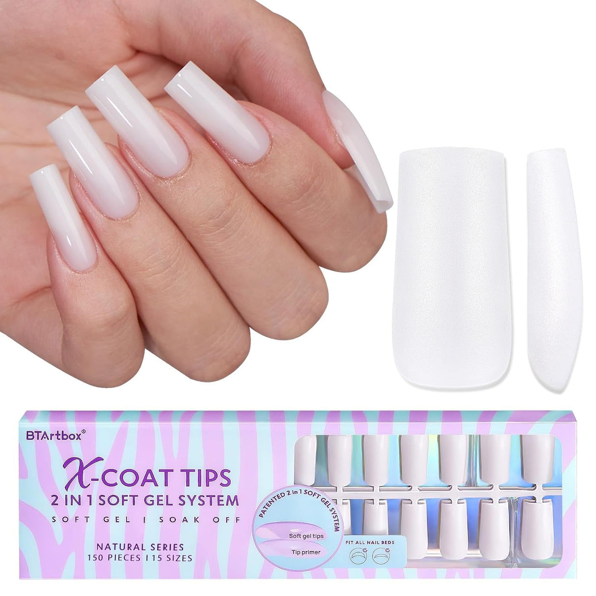Btartboxnails XS Short Square Gel Nail Tips - Pre Colored Milky White Soft Gel Nail Tips, Milky White Press on Nails, Natural XCOATTIPS Pre Applied Tip Primer