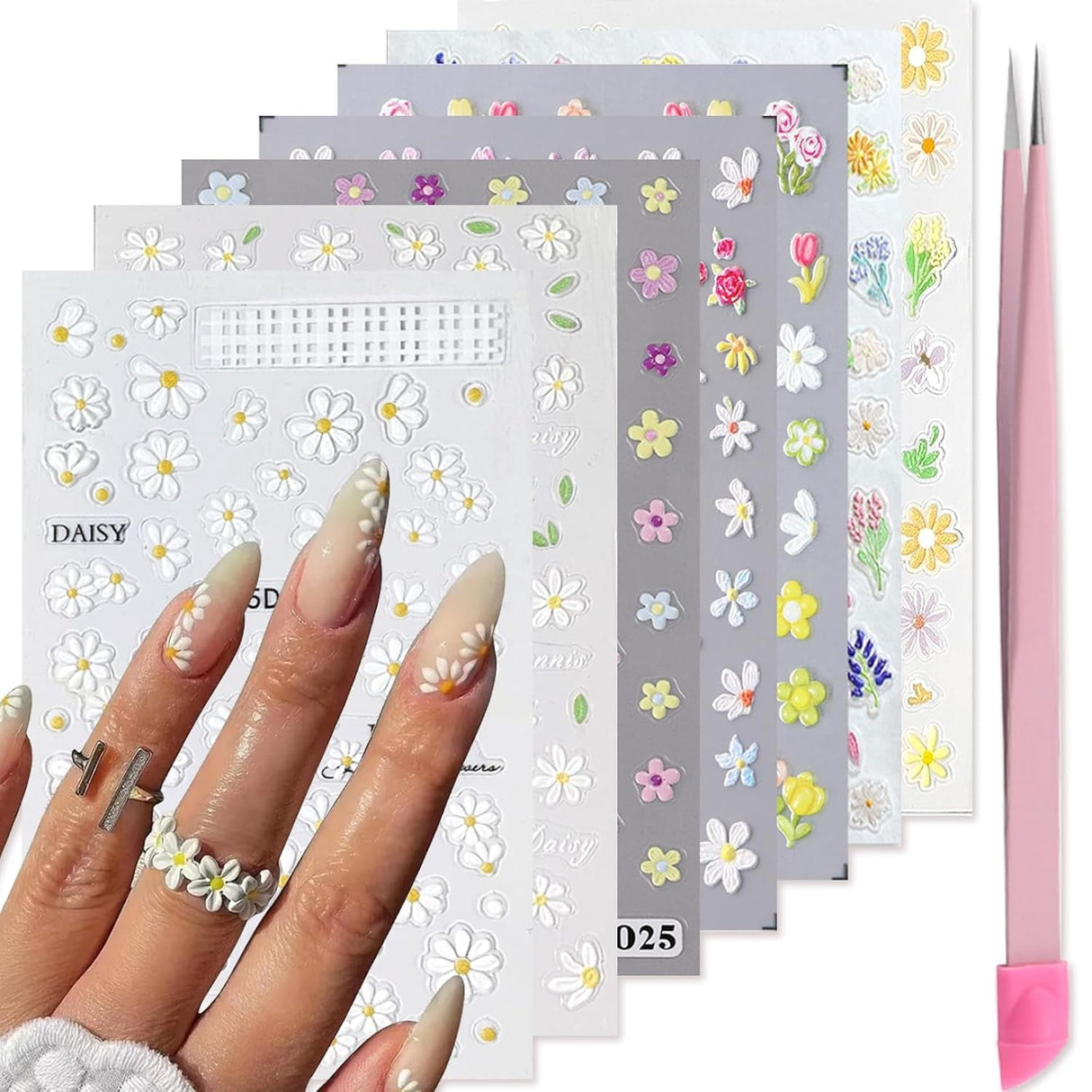 VOTACOS Flower Nail Art Stickers Decals 5D Embossed Nail Decals Spring Summer Daisy Nail Art Design Self-Adhesive Nail Supplies Accessories 3D Flower Nail Stickers for Women Nail DIY Decoration