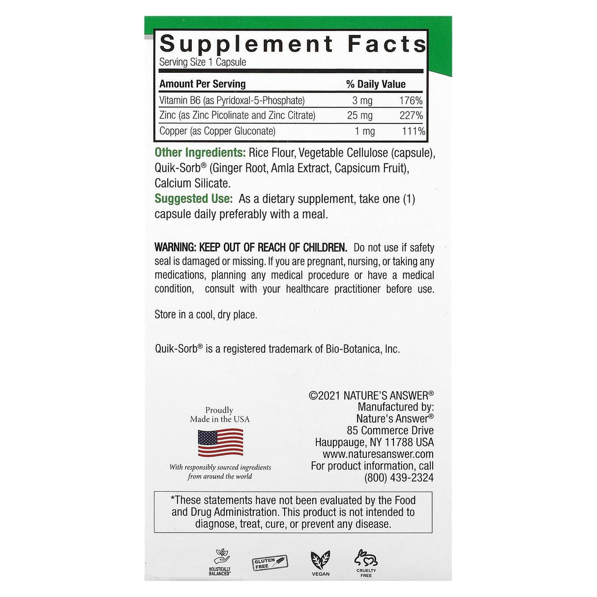 Nature's Answer, Zinc Plus, 25 mg, 60 Vegetarian Capsules - Supply Center USA