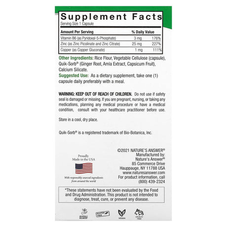 Nature's Answer, Zinc Plus, 25 mg, 60 Vegetarian Capsules - Supply Center USA