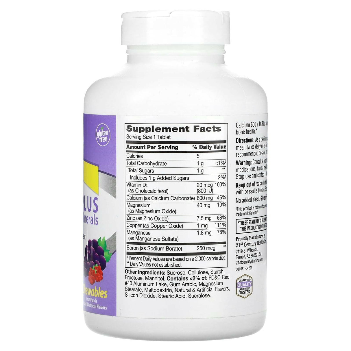 21st Century, 600 + D3 Plus Minerals, Fruit Punch, 75 Chewable Tablets - Supply Center USA