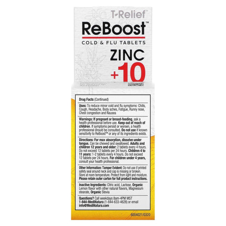 MediNatura, T-Relief, ReBoost, Zinc +10, Cold & Flu Tablets, 60 Tablets - Supply Center USA