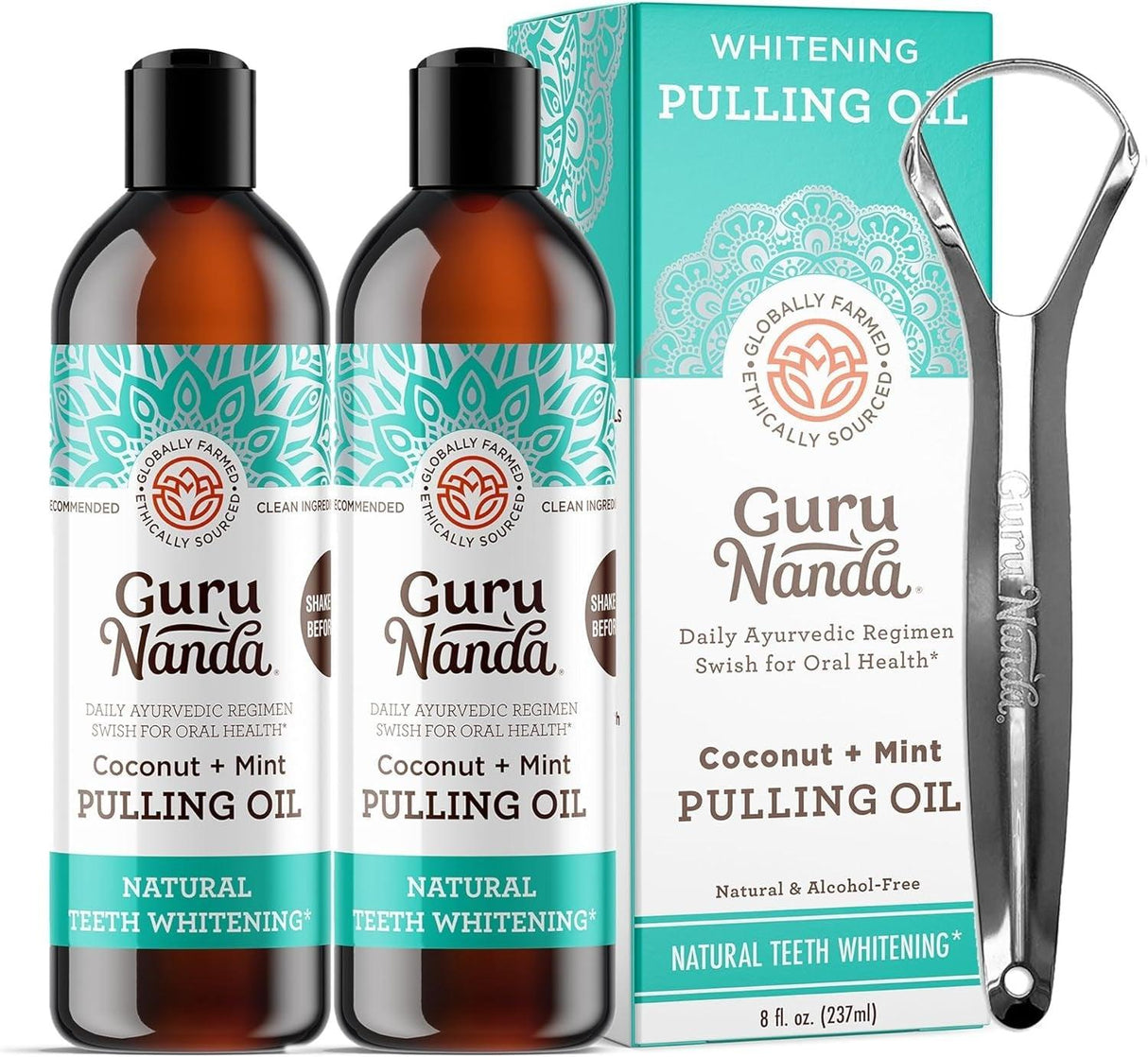 Gurunanda Coconut & Peppermint Oil Pulling (8 Fl.Oz) with Tongue Scraper - Alcohol Free Mouthwash for Fresh Breath, White Teeth & Healthy Teeth & Gums - Supply Center USA