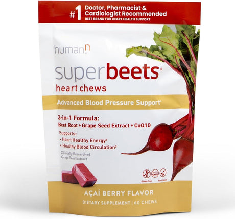 Humann Superbeets Heart Chews Advanced - 100Mg of Coq10 plus Beetroot & Grape Seed Extract, 60 Count - Supply Center USA