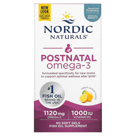 Nordic Naturals, Postnatal Omega-3, Lemon, 560 mg, 60 Soft Gels - Supply Center USA