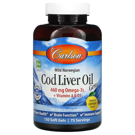 Carlson, Wild Norwegian, Cod Liver Oil Gems, Natural Lemon, 230 mg, 150 Soft Gels - Supply Center USA