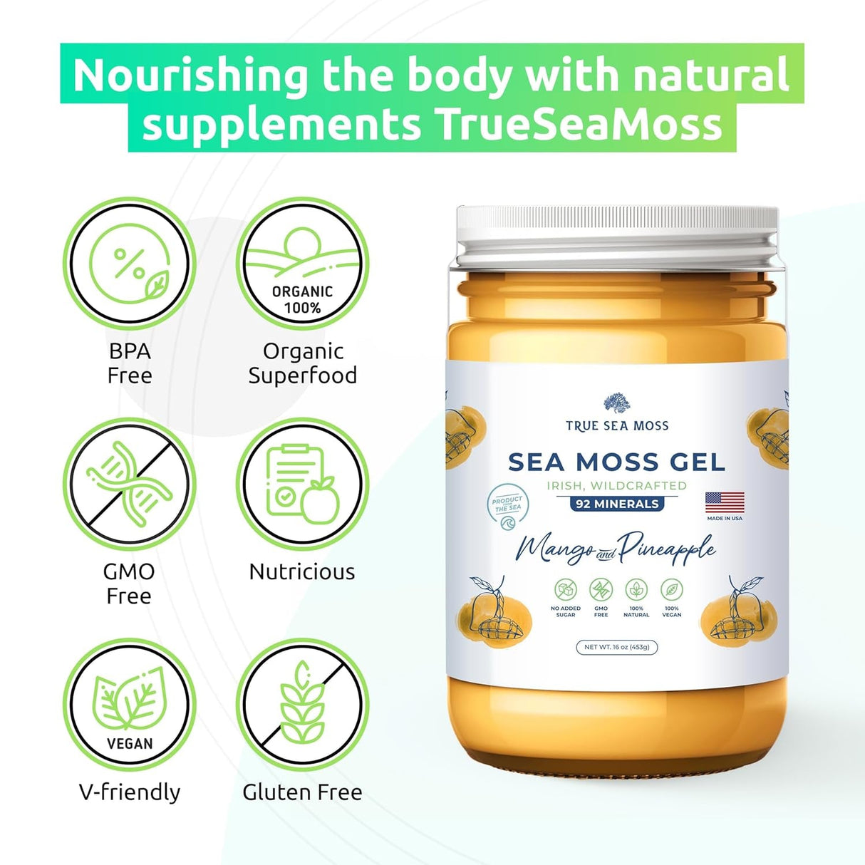 Trueseamoss Wildcrafted Irish Sea Moss Gel –7 Flavors- Nutritious Raw Seamoss Rich in Minerals, Proteins & Vitamins – Antioxidant Health Sea Moss, Vegan Made in USA (MANGO/PINEAPPLE, 1)