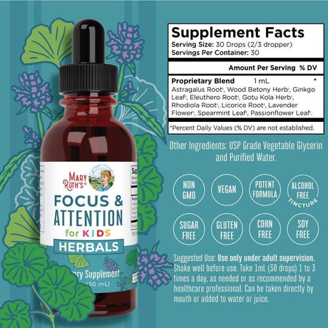 Maryruth Organics Kids Brain Supplements for Memory and Focus, USDA Organic Drops with Ginkgo Biloba, Rhodiola Root & Licorice Root, Focus & Attention, Calm, Vegan, Non-Gmo, Gluten Free, 30 Servings - Supply Center USA