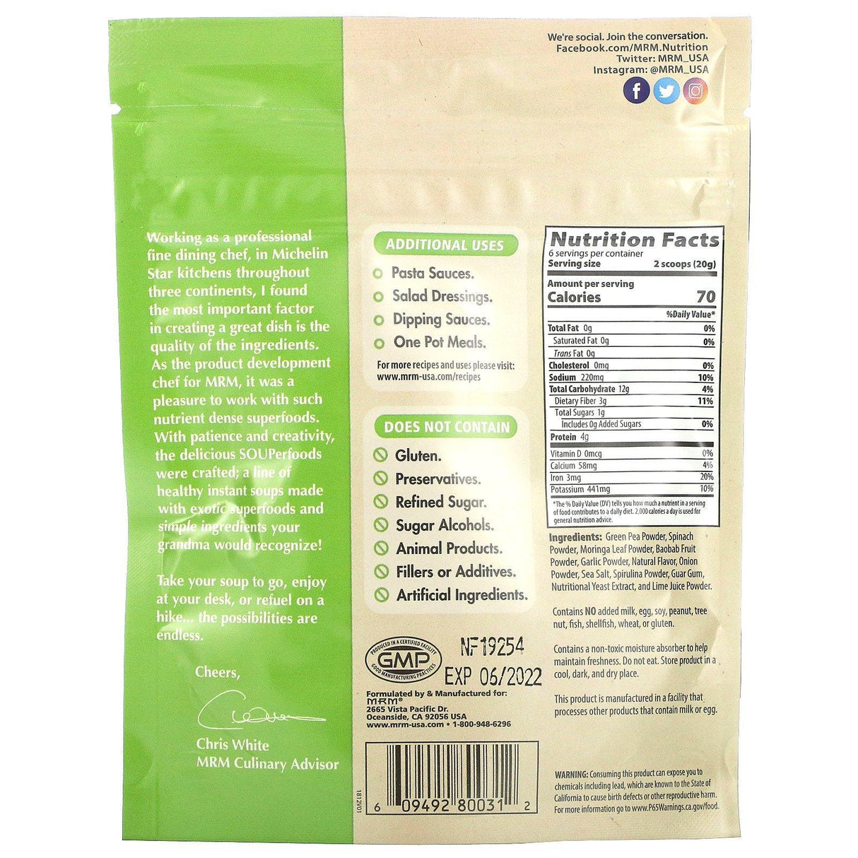 MRM, Superfoods, Moringa Green Pea Soup, 4.2 oz (120 g) - Supply Center USA