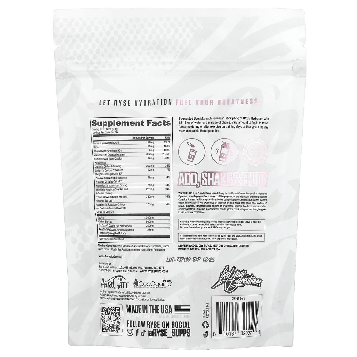 RYSE, Hydration, On-The-Go Electrolyte Drink Mix, Pink Splash, 16 Sticks, 0.23 oz (6.4 g) Each - Supply Center USA