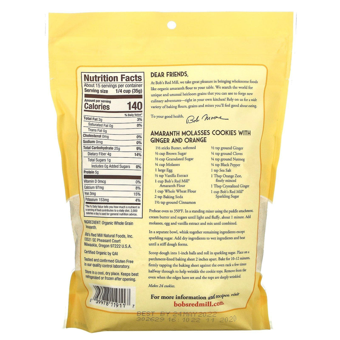 Bob's Red Mill, Organic Amaranth Flour, Whole Grain, 18 oz (510 g) - HealthCentralUSA