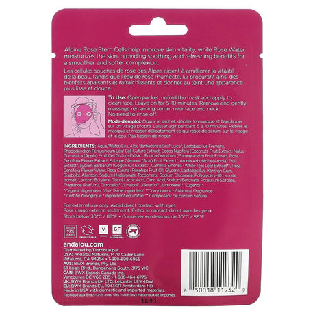 Andalou Naturals, Instant Soothe & Smooth, Hydro Serum Beauty Facial Mask, 1,000 Roses, 1 Fiber Sheet Mask, 0.6 fl oz (18 ml) - Supply Center USA