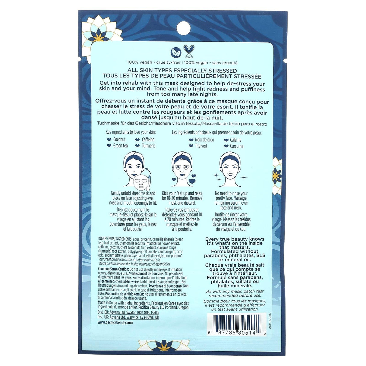 Pacifica, Stress Rehab, Coconut & Caffeine Beauty Facial Mask , 1 Sheet Mask, 0.67 fl oz (20 ml) - Supply Center USA