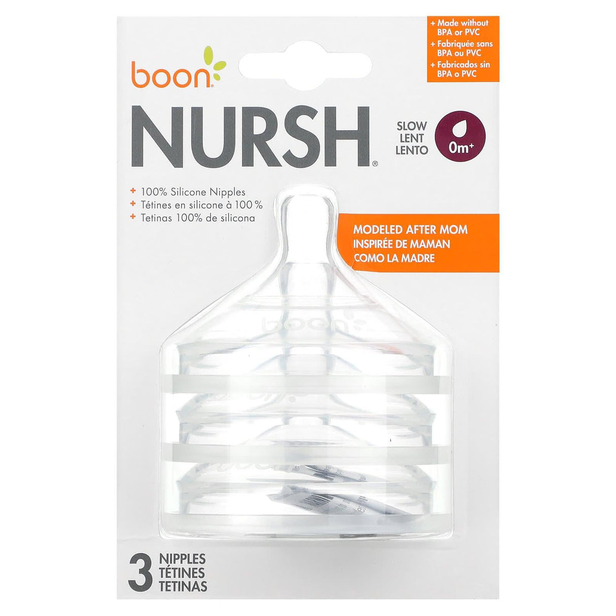 Boon, Nursh, 100% Silicone Nipples, 0 months+, Slow Flow, 3 Nipples - Supply Center USA