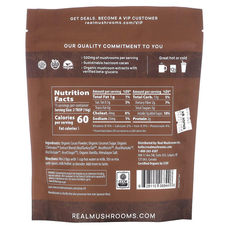 Real Mushrooms, Mushroom Hot Chocolate with 5 Defenders, 240 g - Supply Center USA