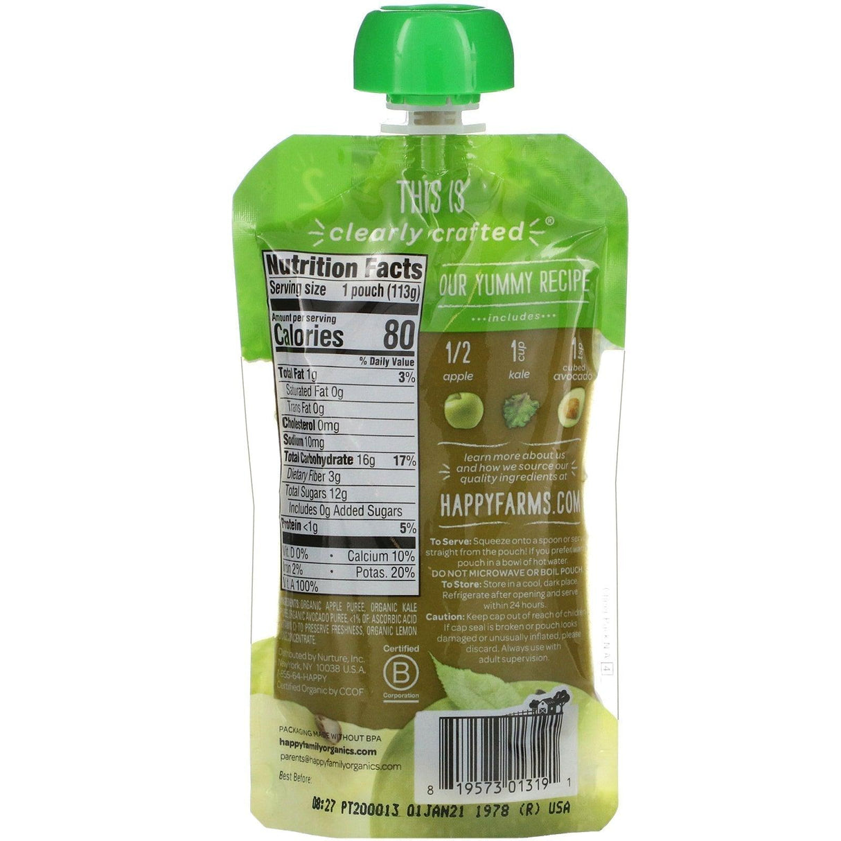 Happy Family Organics, Happy Baby, Organic Baby Food, 6+ Months, Pears, Kale & Spinach, 4 oz (113 g) - Supply Center USA