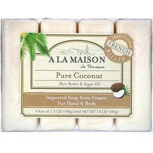 A La Maison de Provence, Hand & Body Bar Soap, Pure Coconut, 4 Bars, 3.5 oz Each - Supply Center USA