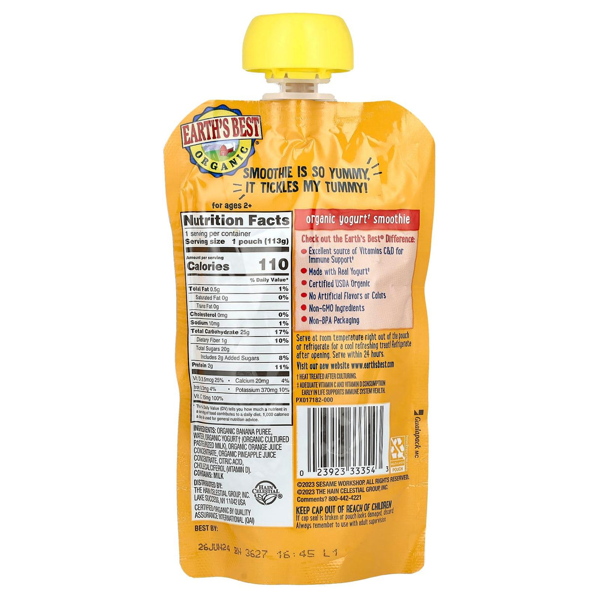 Earth's Best, Organic Immune Support Yogurt Smoothie, Ages 2+, Banana Orange Pineapple, 4 oz (113 g) - Supply Center USA