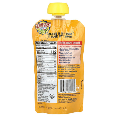 Earth's Best, Organic Immune Support Yogurt Smoothie, Ages 2+, Banana Orange Pineapple, 4 oz (113 g) - Supply Center USA