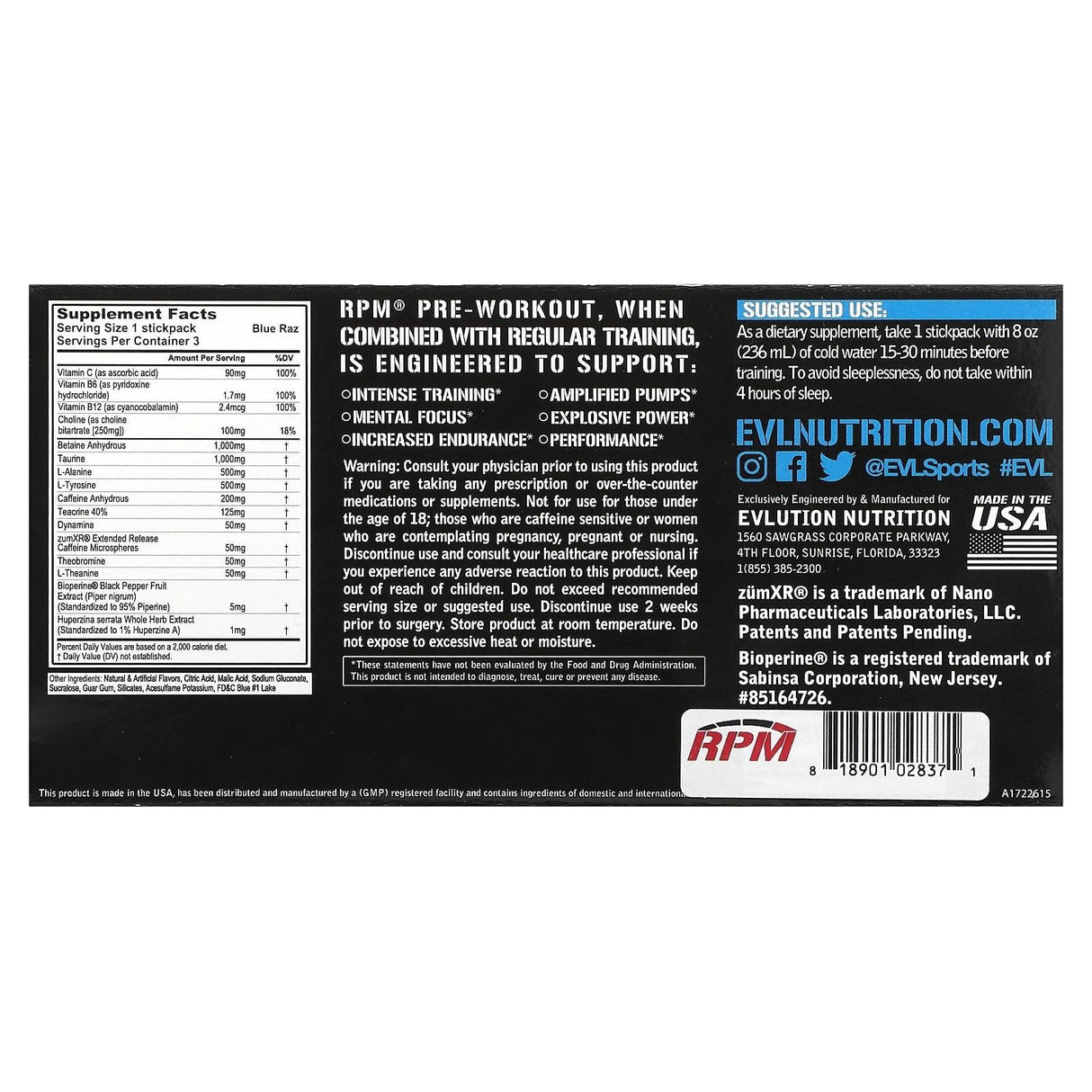 EVLution Nutrition, RPM, Pre-Workout, Sample Pack, Blue Raz, 3 Stickpacks, 0.67 oz (18.9 g) - Supply Center USA