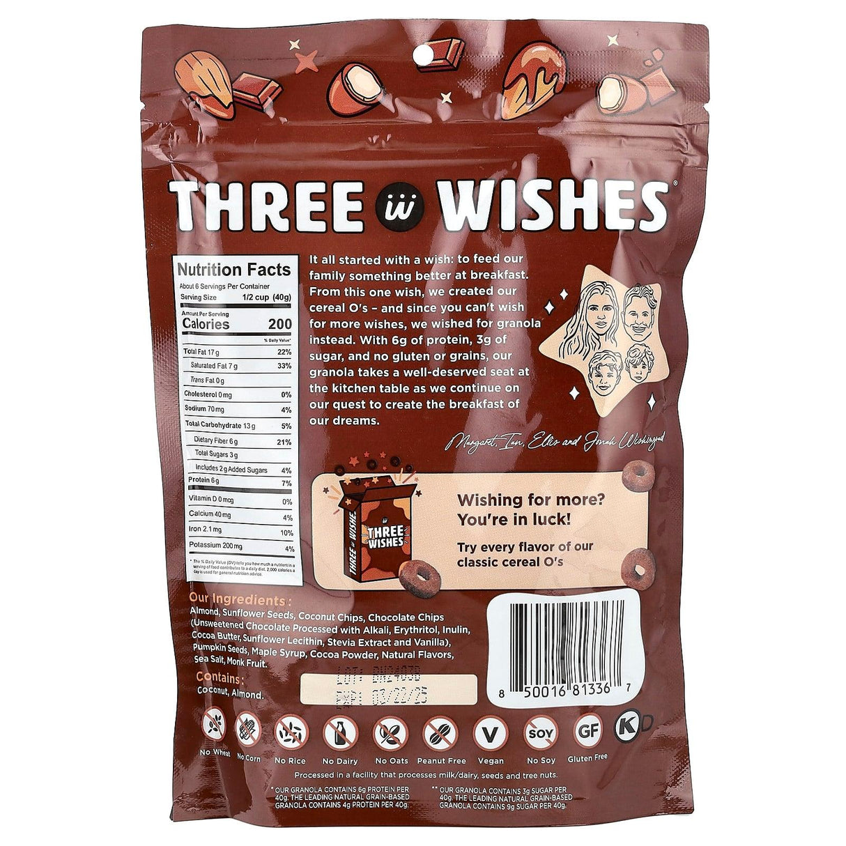 Three Wishes, Grain Free Granola, Chocolate Almond, 8 oz ( 227 g) - Supply Center USA