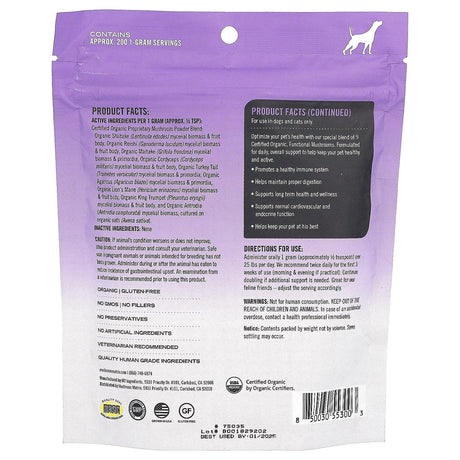 Mushroom Matrix Canine, Healthy Pet, Certified Organic Mushroom Powder, For 50 lb Pet, For Dogs and Cats, 7.1 oz (200 g) - Supply Center USA