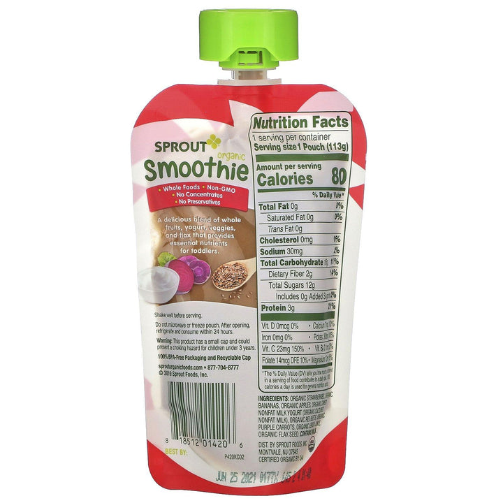 Sprout Organic, Smoothie, Strawberry Banana with Yogurt, Veggies & Flax Seed, 4 oz ( 113 g) - HealthCentralUSA