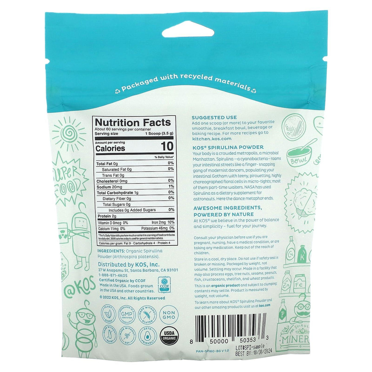 KOS, Organic Spirulina Powder, 7.4 oz (210 g) - Supply Center USA