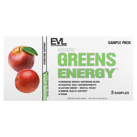 EVLution Nutrition, Stacked Greens Energy, Sample Pack, Orchard Apple, 3 Stickpacks, 0.2 oz (6.9 g) Each - Supply Center USA