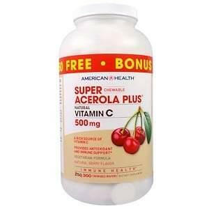 American Health, Super Chewable Acerola Plus, Natural Berry Flavor, 500 mg, 300 Chewable Wafers - HealthCentralUSA