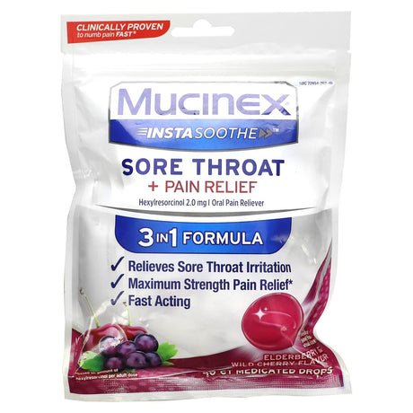 Mucinex, InstaSoothe, Sore Throat + Pain Relief, Elderberry & Wild Cherry, 40 Medicated Drops - Supply Center USA