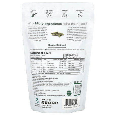 Micro Ingredients, Organic Spirulina Tablet, 720 Tablets - Supply Center USA