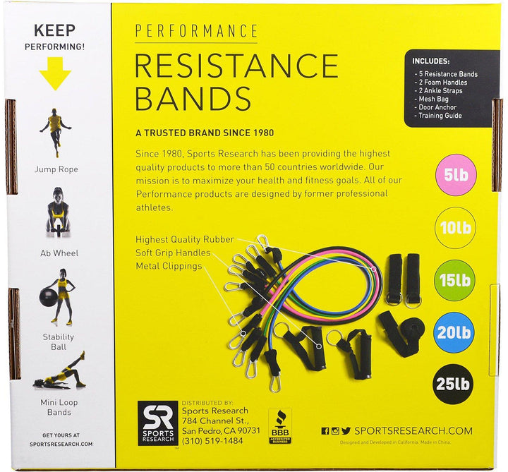 Sports Research, Performance Resistance Bands, 5 Bands - HealthCentralUSA