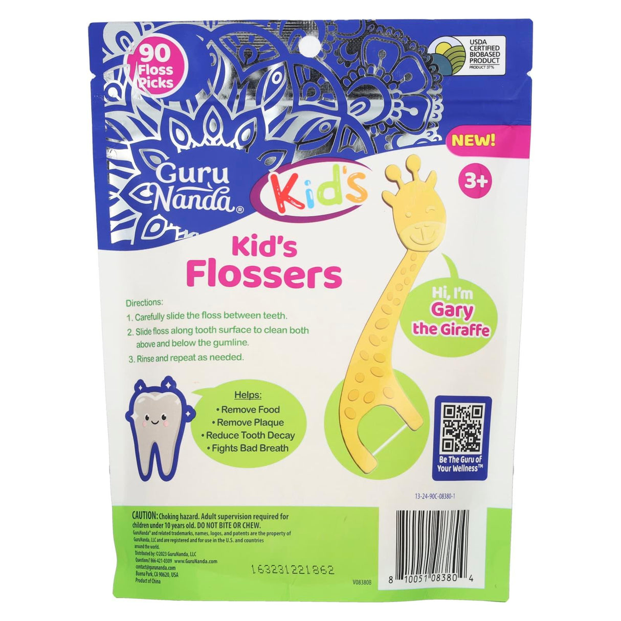 GuruNanda, Kids, Kid's Flossers, Ages 3+, Mixed Berries With Flouride, 90 Floss Picks - Supply Center USA