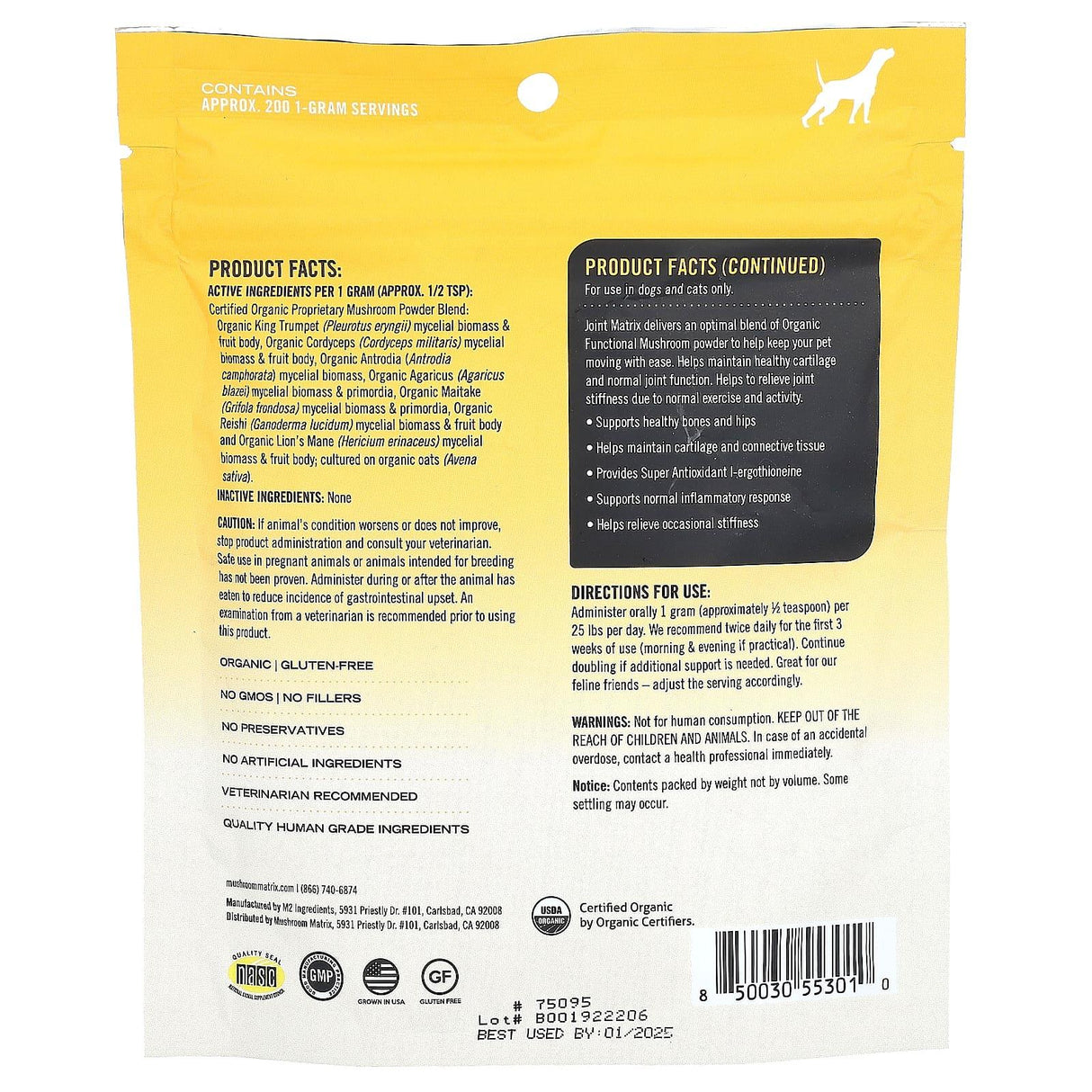 Mushroom Matrix Canine, Joint, Certified Organic Mushroom Powder, For 50 lb Pet, For Dogs and Cats, 7.1 oz (200 g) - Supply Center USA