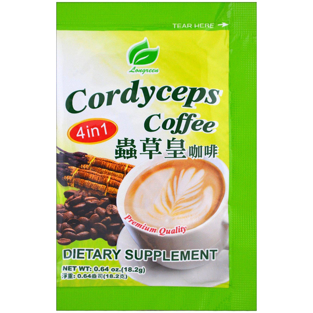 Longreen, 4 in 1 Cordyceps Coffee, 10 Sachets, 6.4 oz (182 g) - Supply Center USA