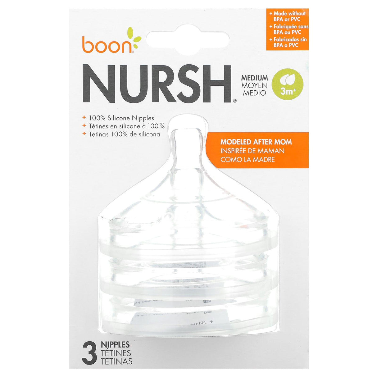 Boon, Nursh, Silicon Nipples, Medium, 3 Months+, 3 Nipples - Supply Center USA