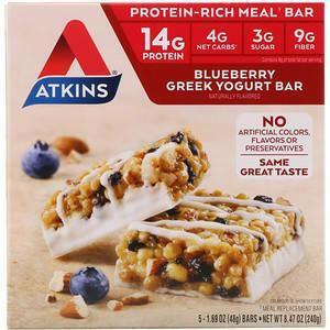 Atkins, Greek Yogurt Bar, Blueberry, 5 Bars, 1.69 oz (48 g) Each - Supply Center USA