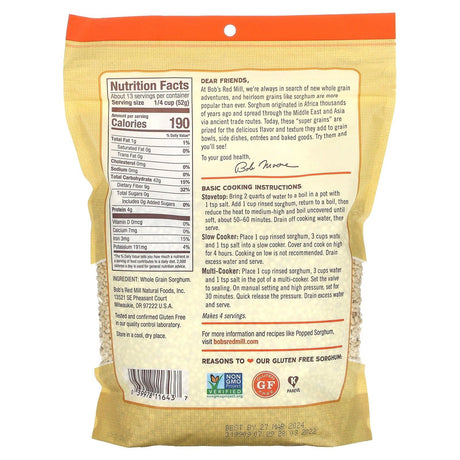 Bob's Red Mill, Whole Grain, Sorghum, Gluten Free, 1 lb 8 oz (680 g) - Supply Center USA