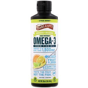 Barlean's, Seriously Delicious, Omega-3 Fish Oil, Citrus Sorbet, 1,500 mg, 16 oz (454 g) - Supply Center USA